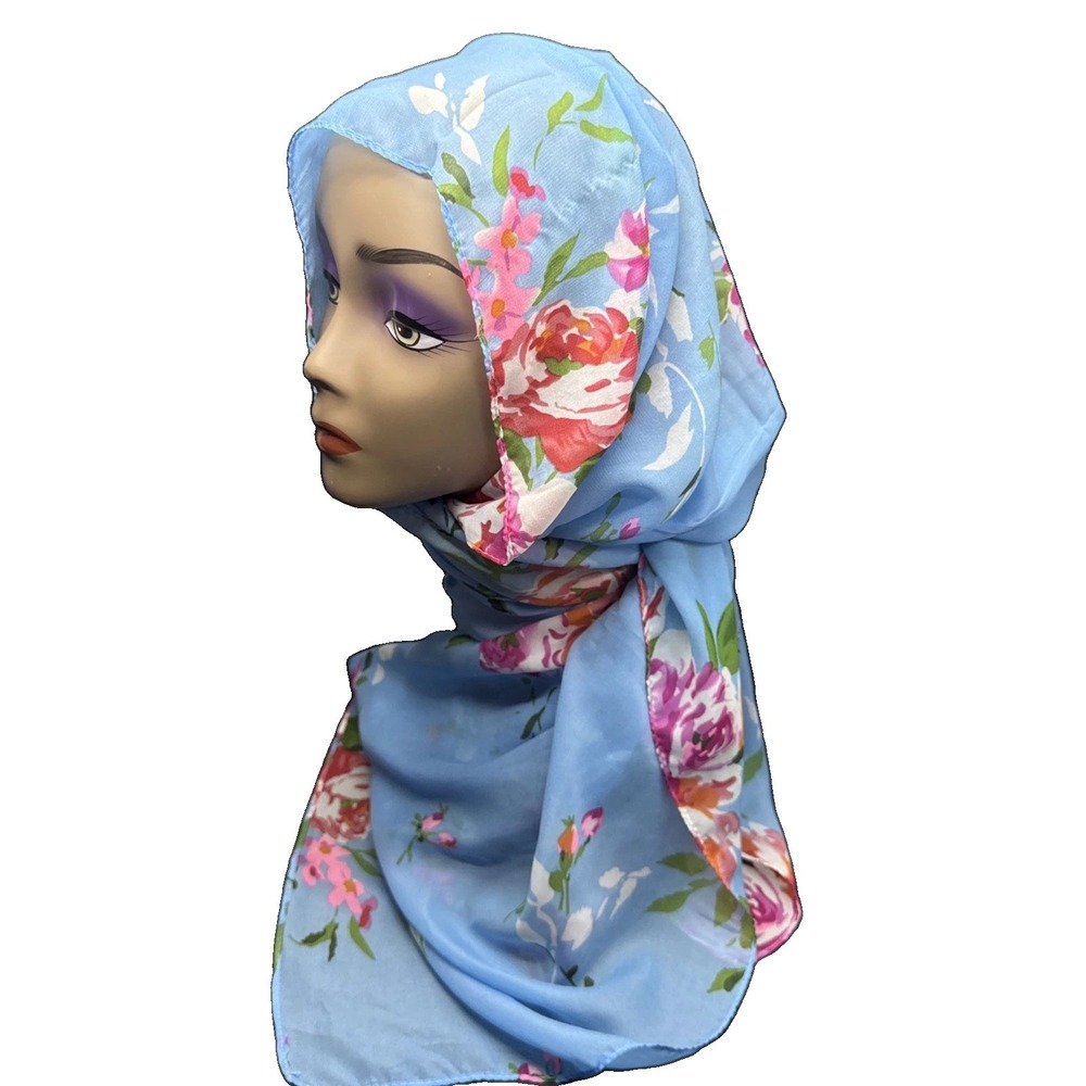 Floral Sheer Scarf Wrap 26x72 Blue Chiffon Beach Sarong Shawl Cottagecore